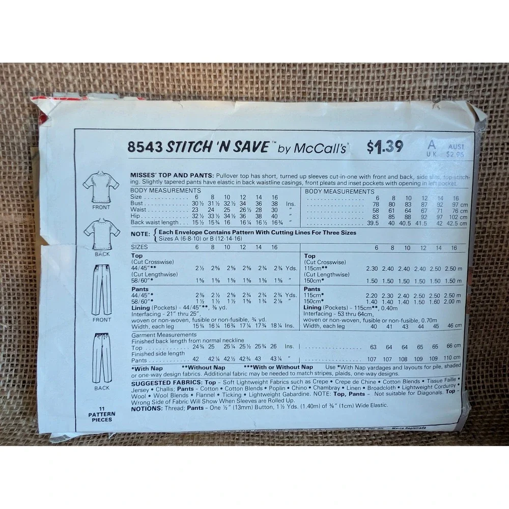 Vtg McCalls 8543 Stitch N Save Misses Top and Pants Sewing Pattern Size 12-16